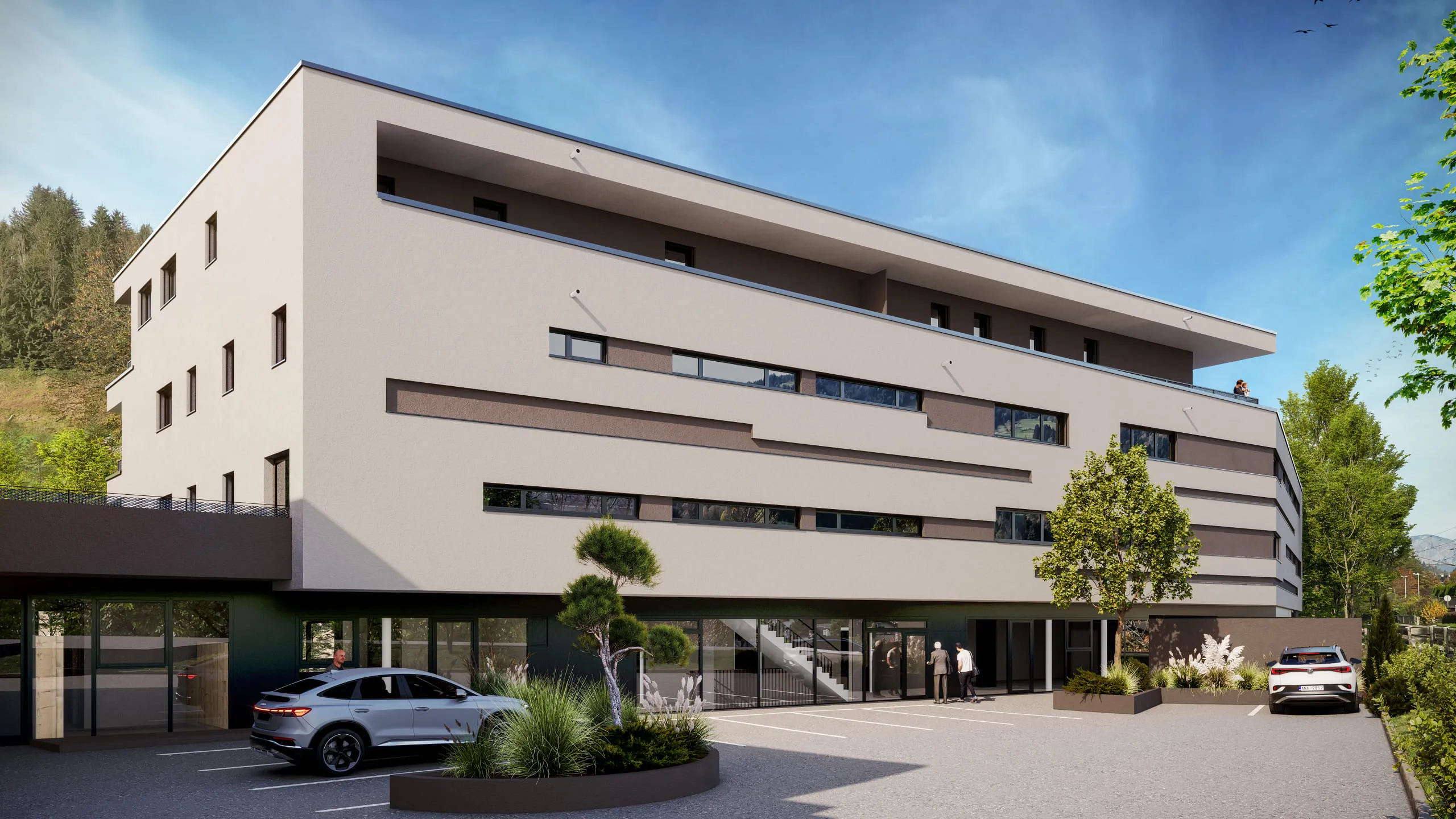 Neubauprojekt von Pletzer Immobilien mit mehreren Stockwerken, Tiefgaragenzufahrt und Kundenparkplatz.